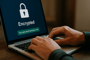 Hands typing on laptop showing encrypted messaging interface, highlighting secure communication.