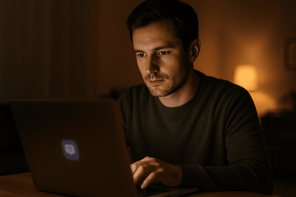 Person using device in soft lighting, carefully communicating online to maintain security.