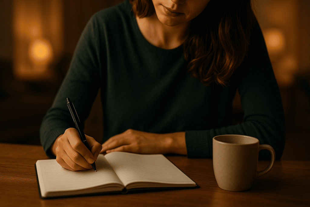 Person writing in journal in soft light, processing emotions and healing after a scam.