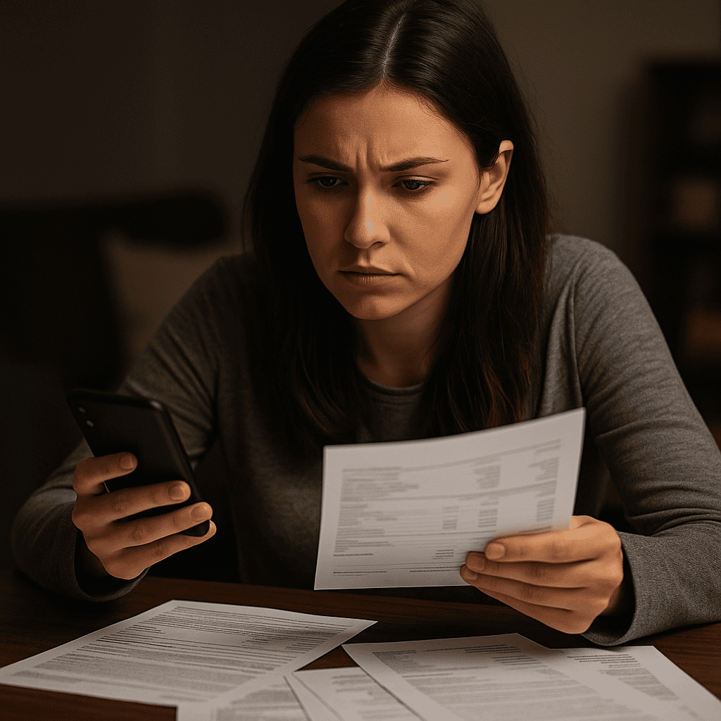 Person reviewing financial statements and statements on phone after online dating fraud.