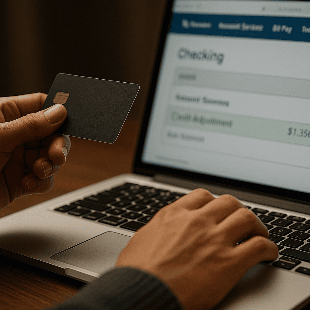 Hands using laptop and credit card to check bank account, taking protective financial steps.