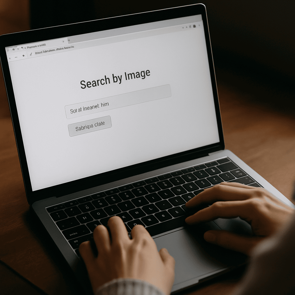 Hands using laptop showing reverse image search results.
