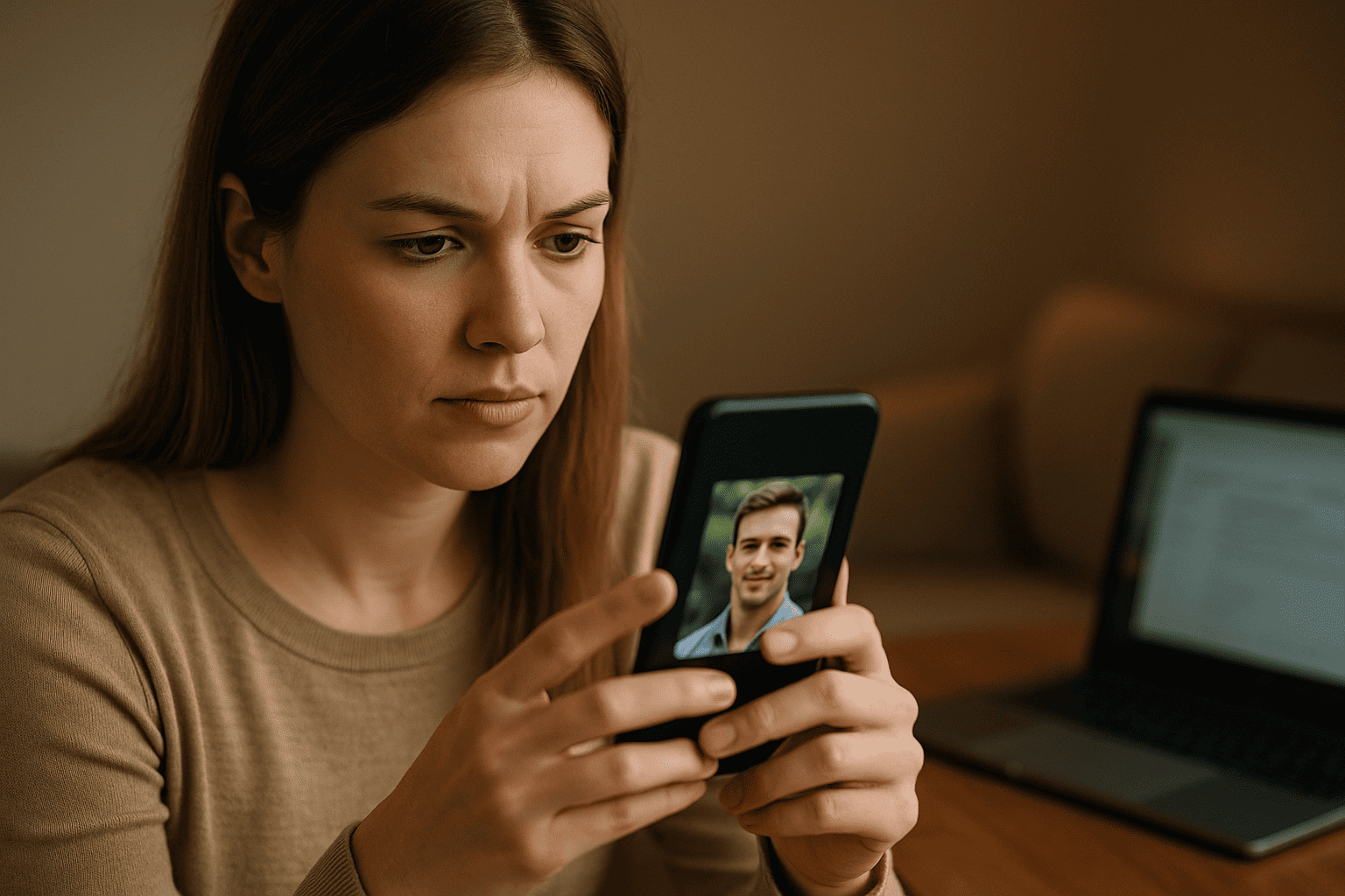 Person examining profile image on phone or laptop, performing reverse image check.