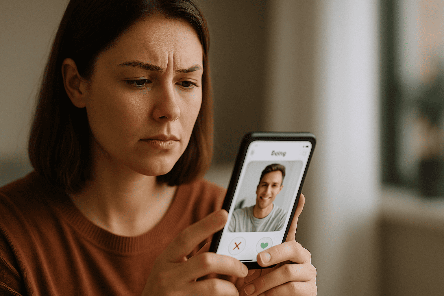 Person inspecting a dating profile on phone, cautiously verifying online authenticity.