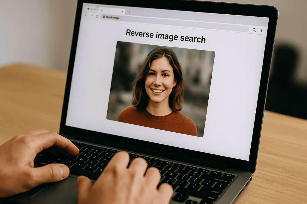 Hands using laptop to perform reverse image search on profile photo.
