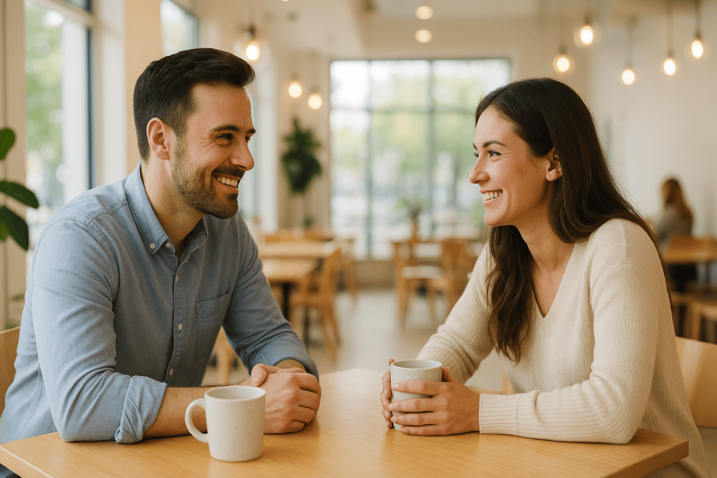 Two people meeting in a café, representing safe first meetings in online dating.