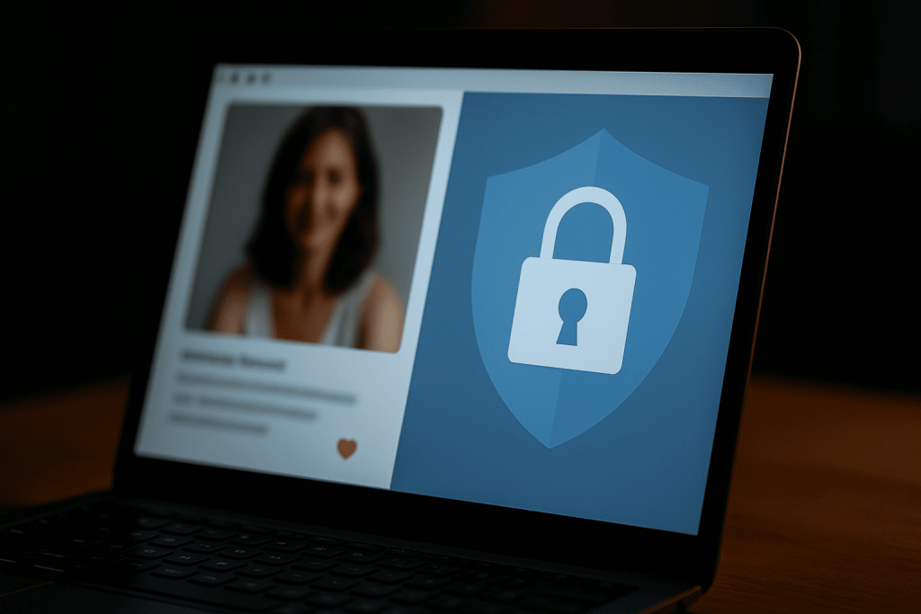 Laptop screen showing dating profile with security elements, symbolizing online dating safety.