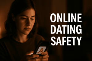 Person browsing dating app thoughtfully, representing online dating safety.