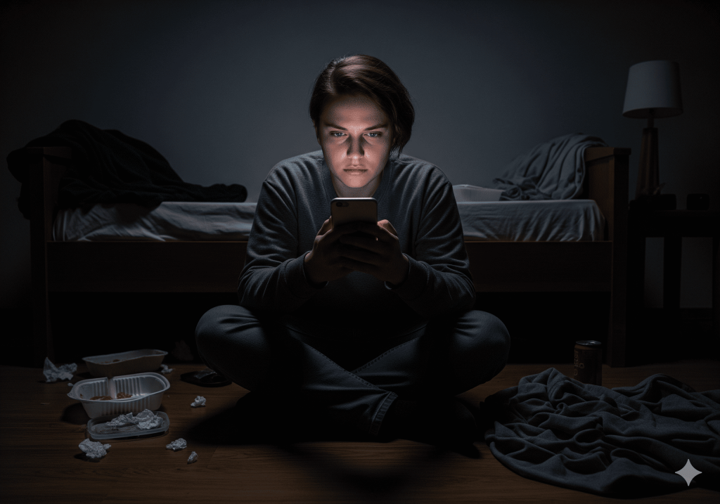 A lonely person sitting in a dark room staring at their phone, representing insecurity and online deception.