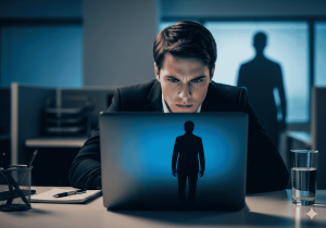 A person looking concerned at a laptop screen, symbolizing online deception and catfishing.