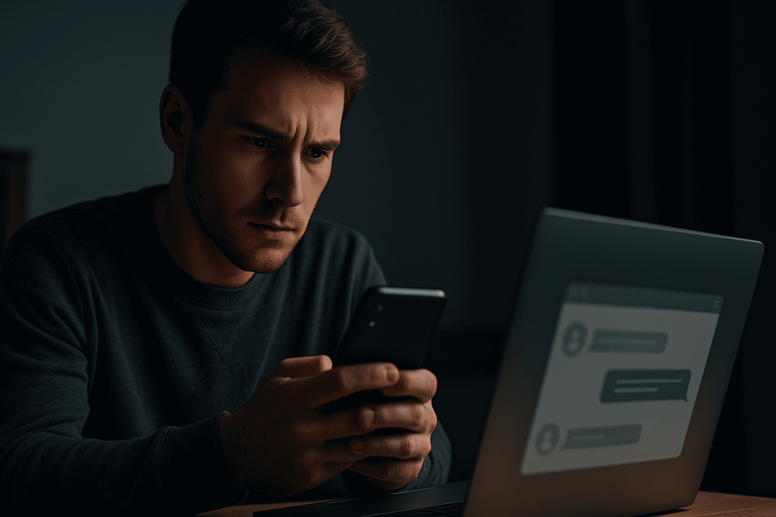 Person reviewing messages on a phone or laptop with concern after suspecting an online romance scam.