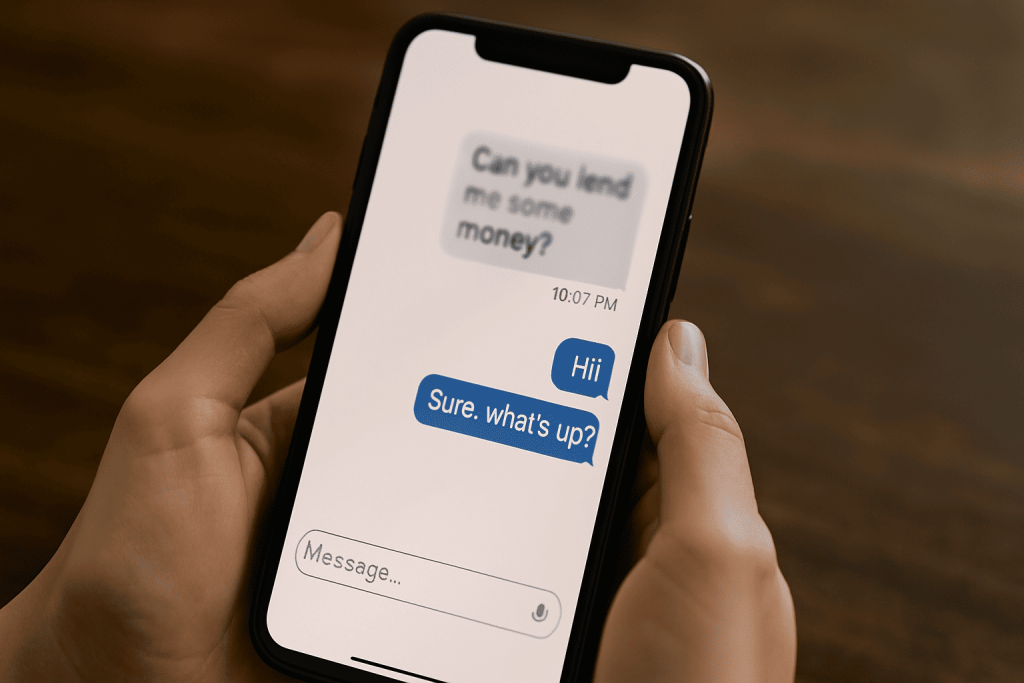 Smartphone screen with message asking for money, representing a common romance scam request.
