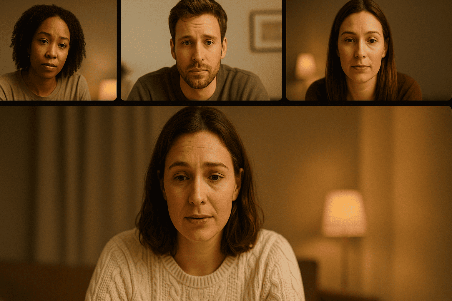 Support group session with survivors of romance scams connecting via video call.