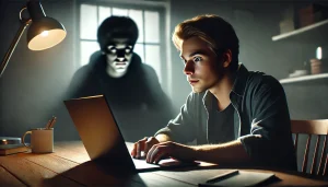 A person looking uncertain while using a laptop, symbolizing the psychology of romance scams.