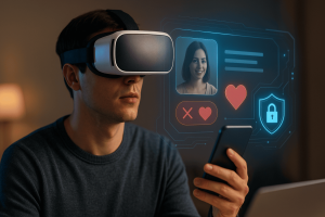 Person interacting with futuristic dating interface, illustrating AI in online dating.