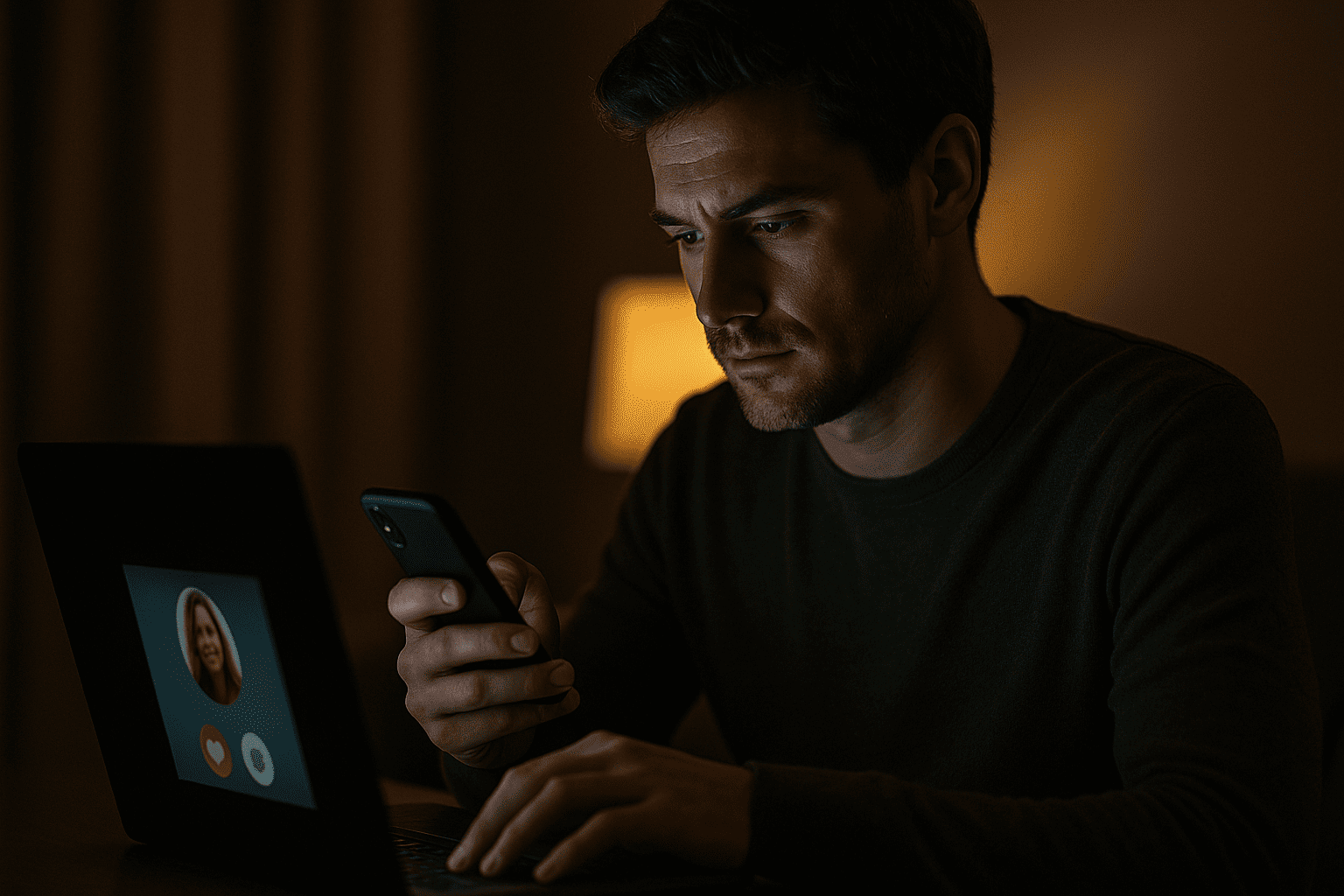 Person using dating app in dim light, looking cautious to protect themselves in modern online dating.