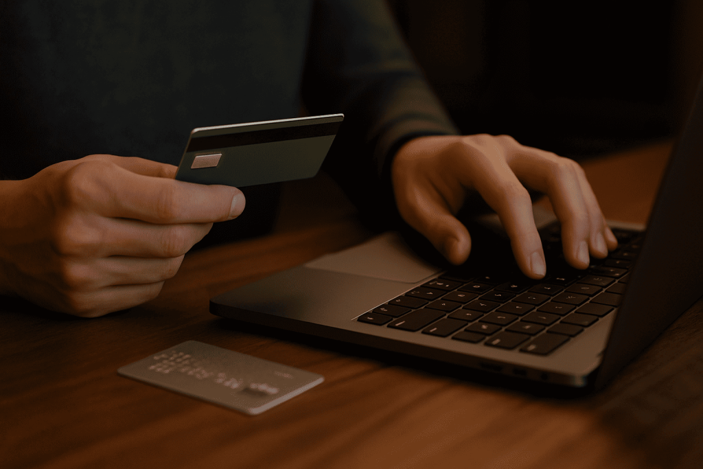 Hands typing on laptop with credit card nearby, reviewing safety measures in online dating.