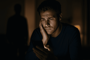 Person looking worried at phone, representing increasing risk of online dating fraud.