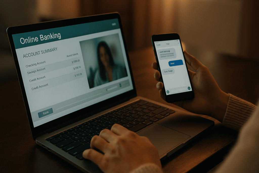 Hands on laptop showing financial or account interface, representing securing finances after a scam.