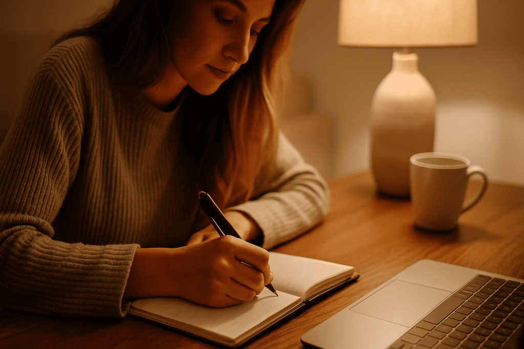 Individual writing in journal, reflecting emotions and healing after being scammed.