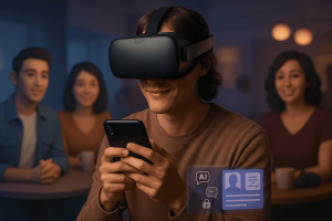User wearing VR headset interacting with dating environment, illustrating virtual dating apps.