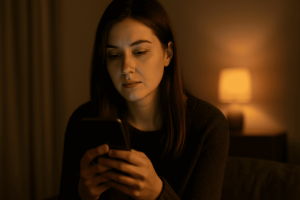 Person looking at device reflectively, symbolizing emotional recovery from a dating scam.