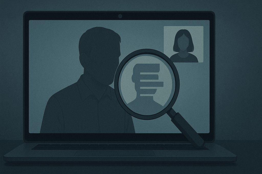 Magnifying glass examining an online dating profile to detect fake accounts and warning signs of romance fraud.
