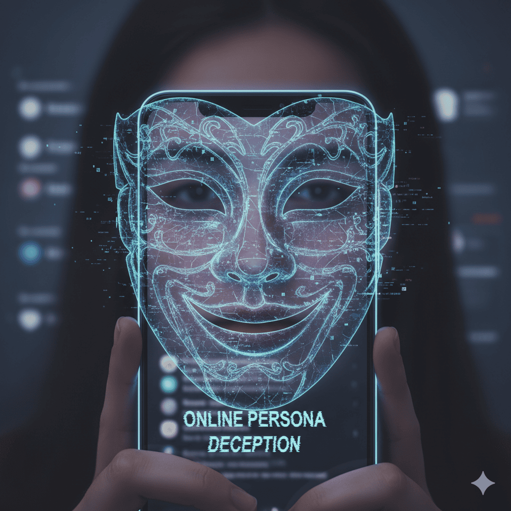 Person holding a digital mask representing fake online identity