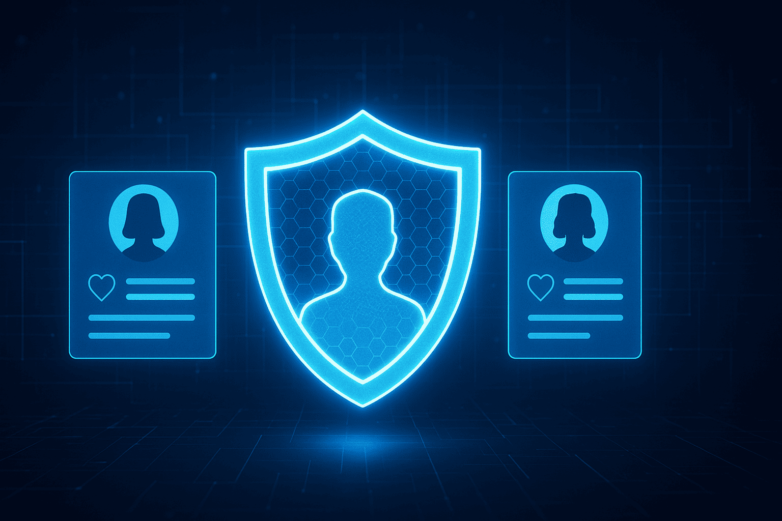 Futuristic dating app shield overlaying profiles