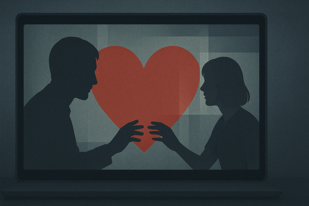 Digital illustration showing two silhouettes reaching through a computer screen, symbolizing online love and romance scams.