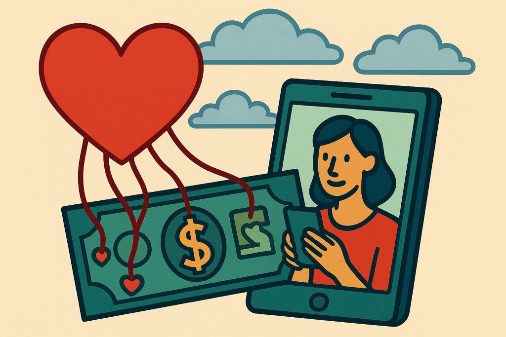 Emotional sympathy scam concept with broken heart and money symbols