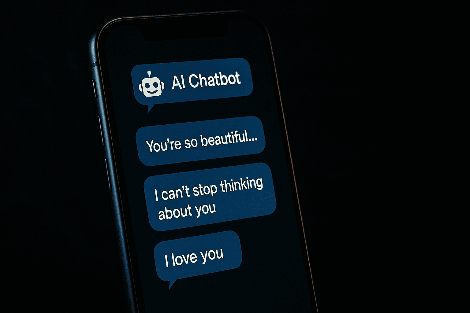 AI chatbot messaging screen showing a fake romantic conversation