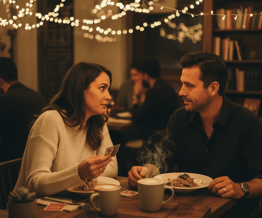 Woman asking engaging questions on first date Prompt: A woman asking thoughtful questions during a first date, showing interest and connection Woman asking engaging questions on first date