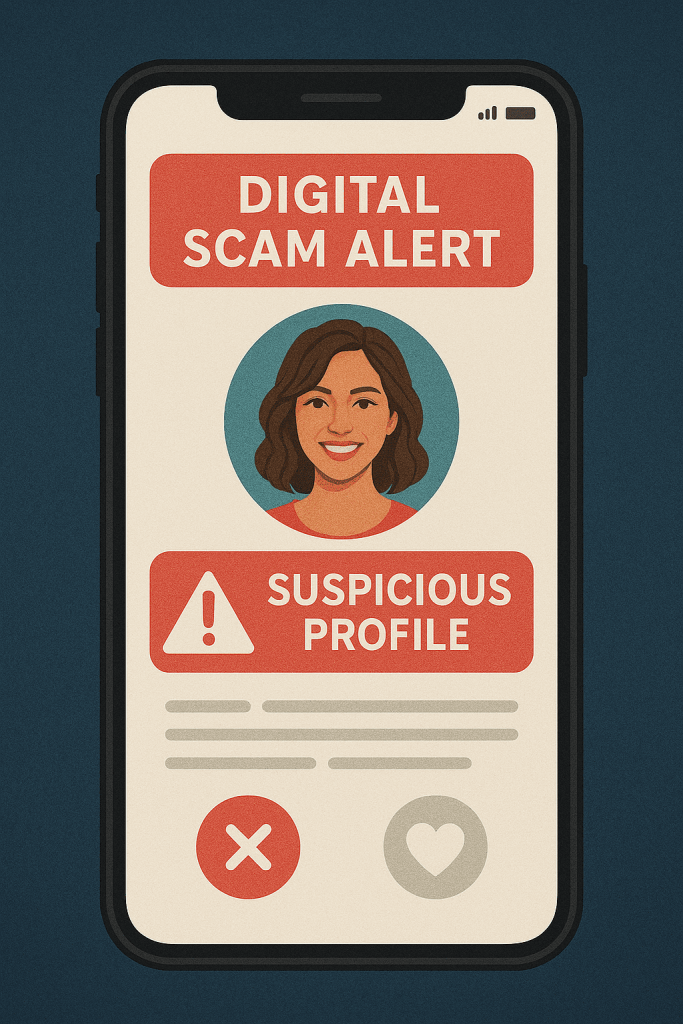 Warning signs on a dating app screen