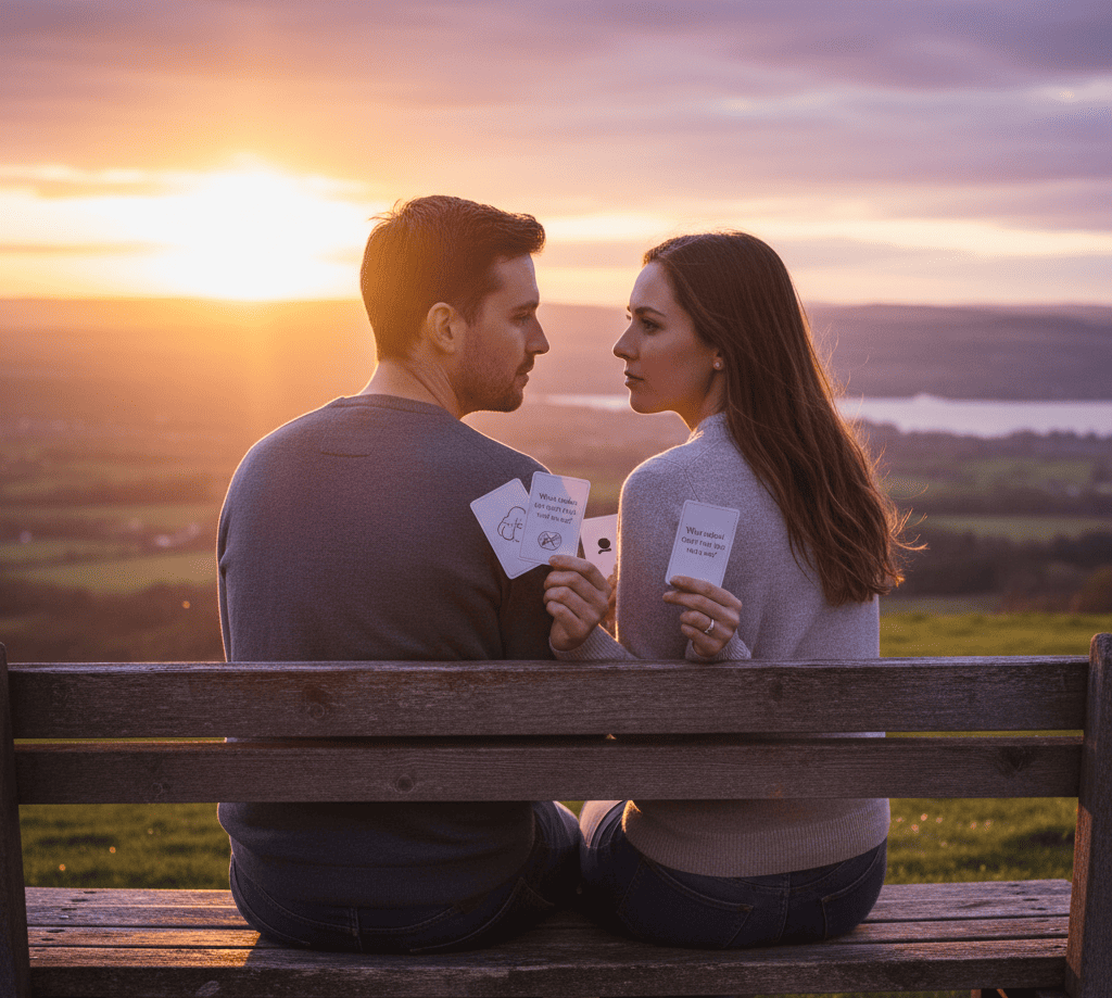 couple having deep emotional conversation outdoors