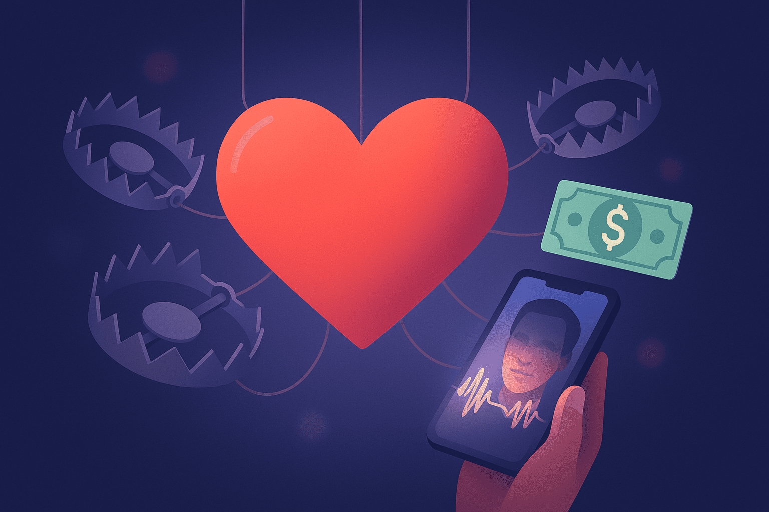 Financial grooming in online dating illustrated with a digital heart and money traps
