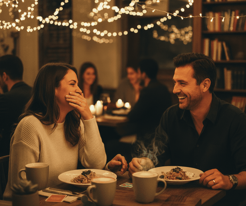 Couple laughing together during a first date