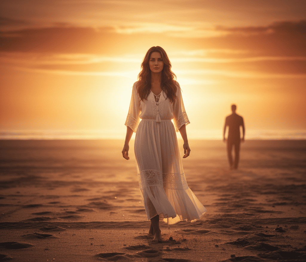 Woman walking away from a toxic relationship with confidence