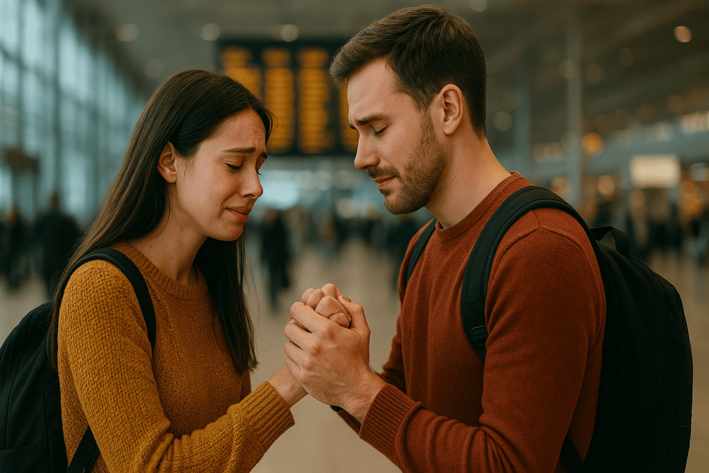 couple holding hands before long distance flight