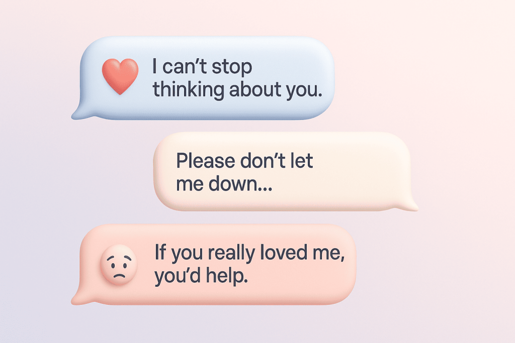 Chat bubble illustration showing emotional manipulation in romance fraud