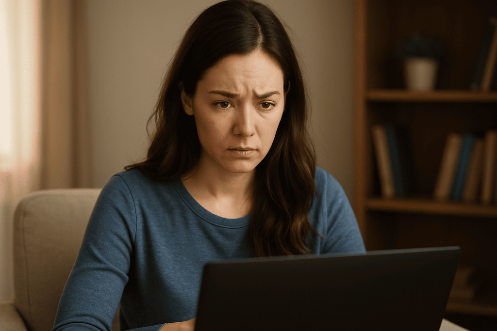 Person analyzing suspicious online messages for catfishing