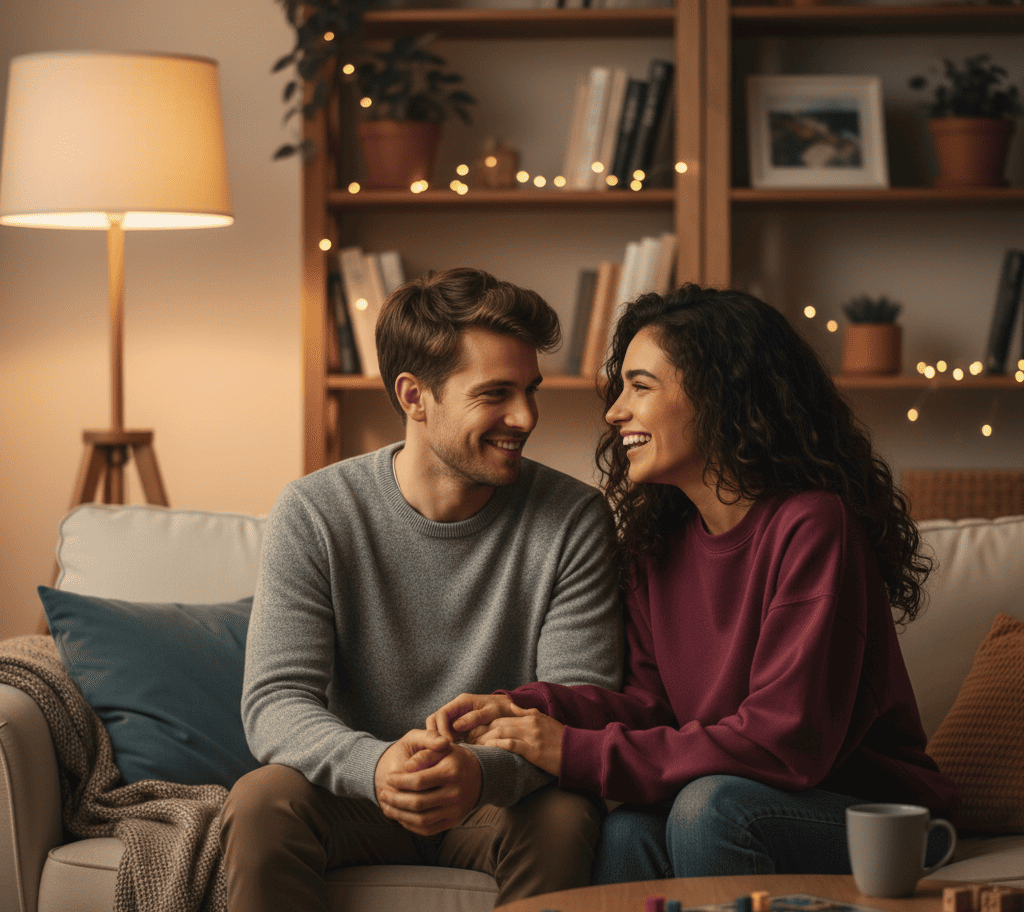 couple talking and smiling while asking deep relationship questions