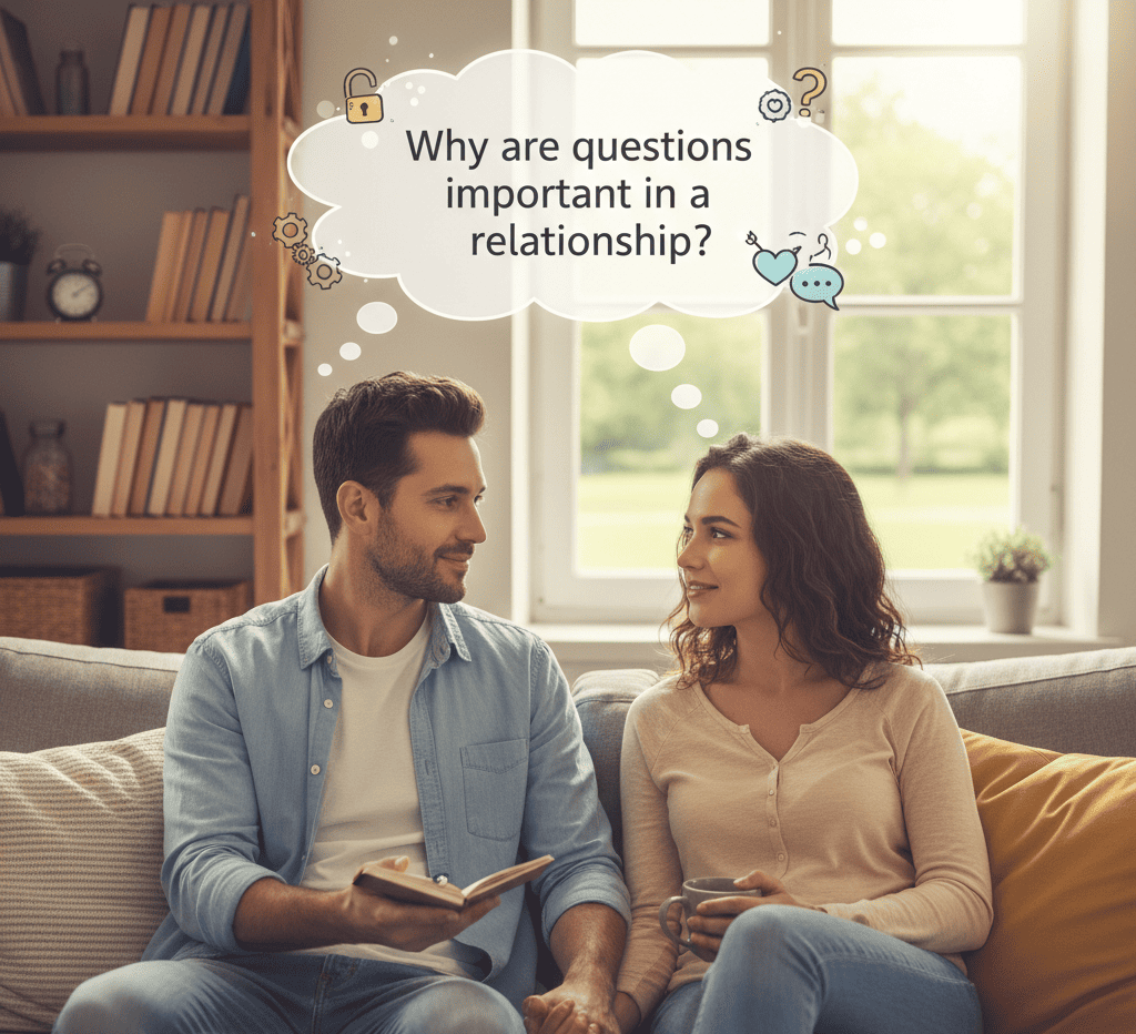 couple sitting on couch talking and laughing while asking questions