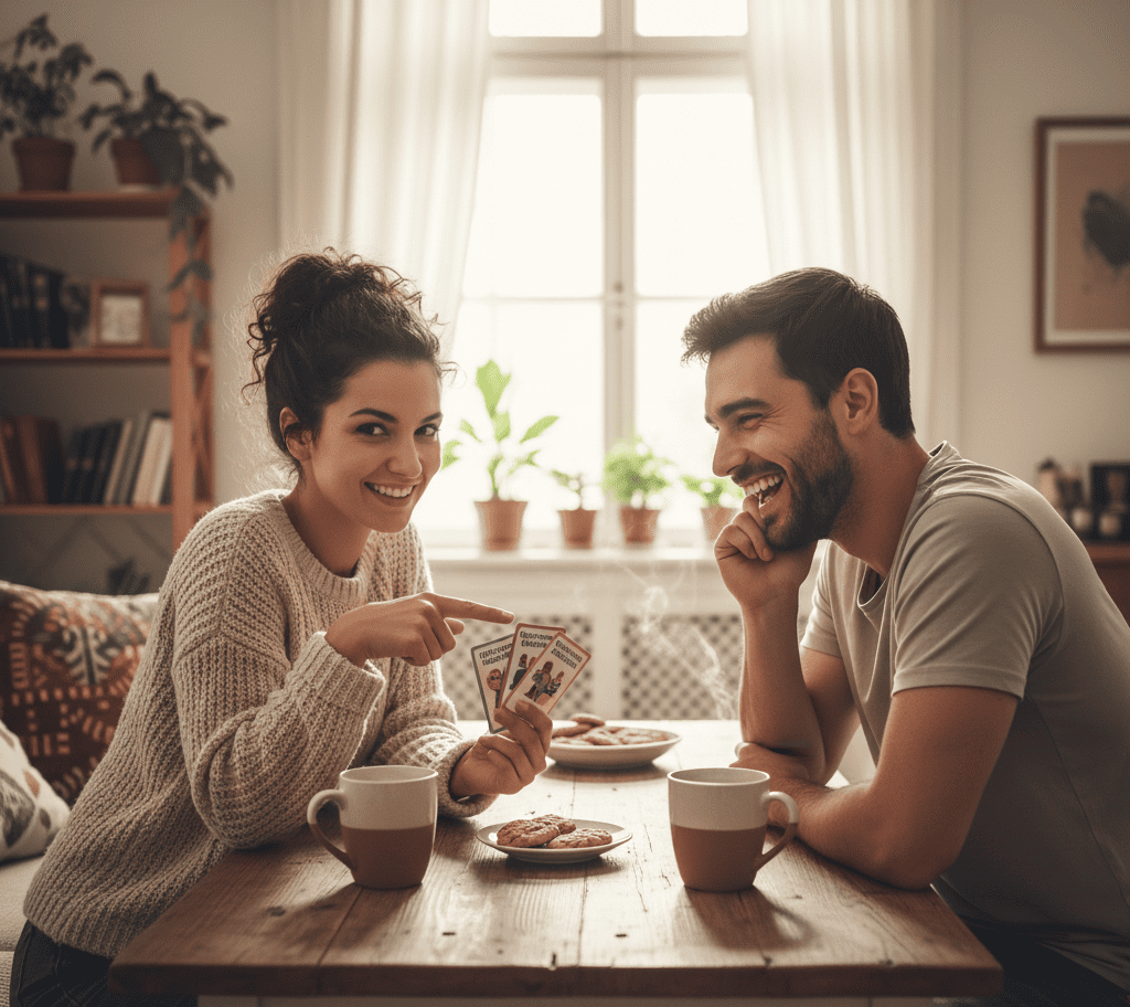 couple laughing together while playing question game