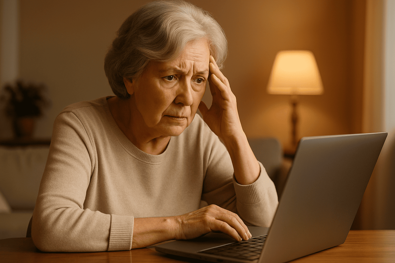 Senior woman learning about online dating scam risks
