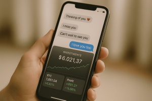 Worried person looking at a romantic chat and investment scam