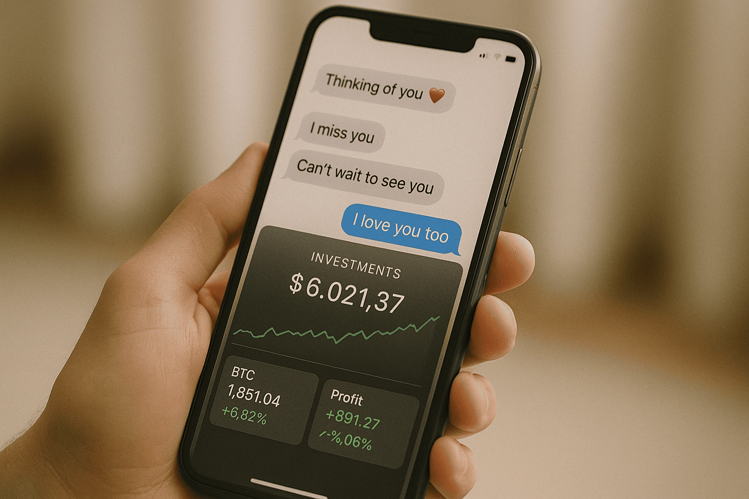 Worried person looking at a romantic chat and investment scam