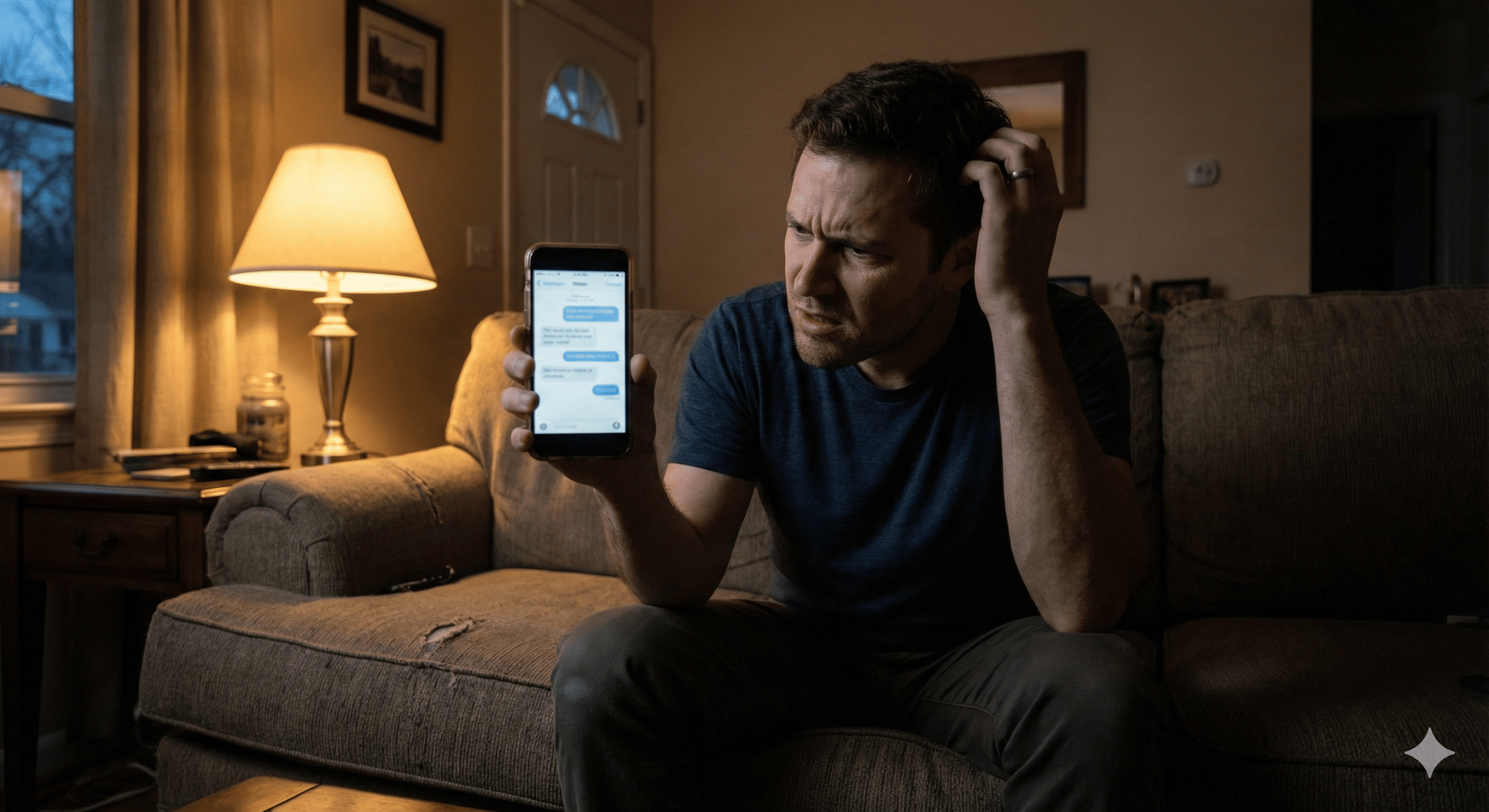 Confused man reading a message on his phone during long-distance relationship