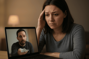 Online lover asking for money during a video chat, symbolizing dating scams