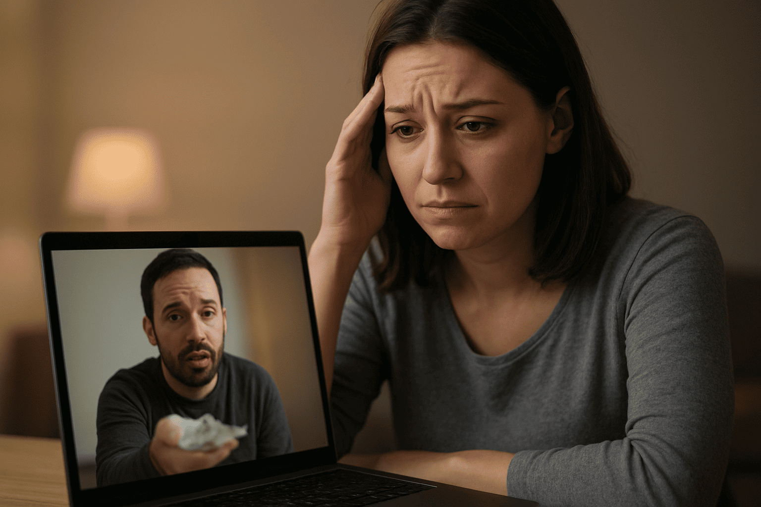 Online lover asking for money during a video chat, symbolizing dating scams